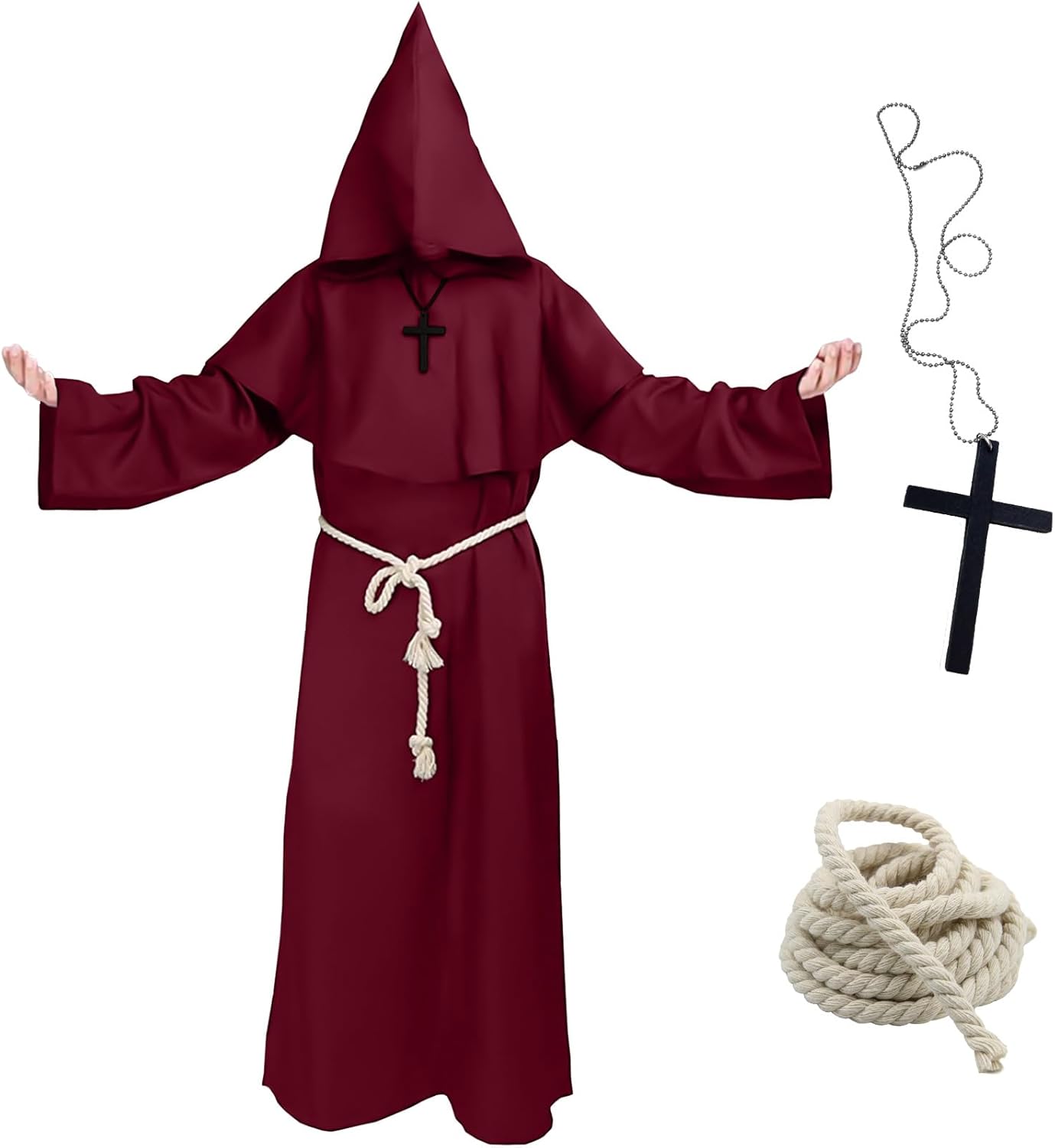 Costume Da Monaco Medievale Con Cappuccio - Completo Di Croce E Cintura Per Halloween E Cosplay - Foto 3