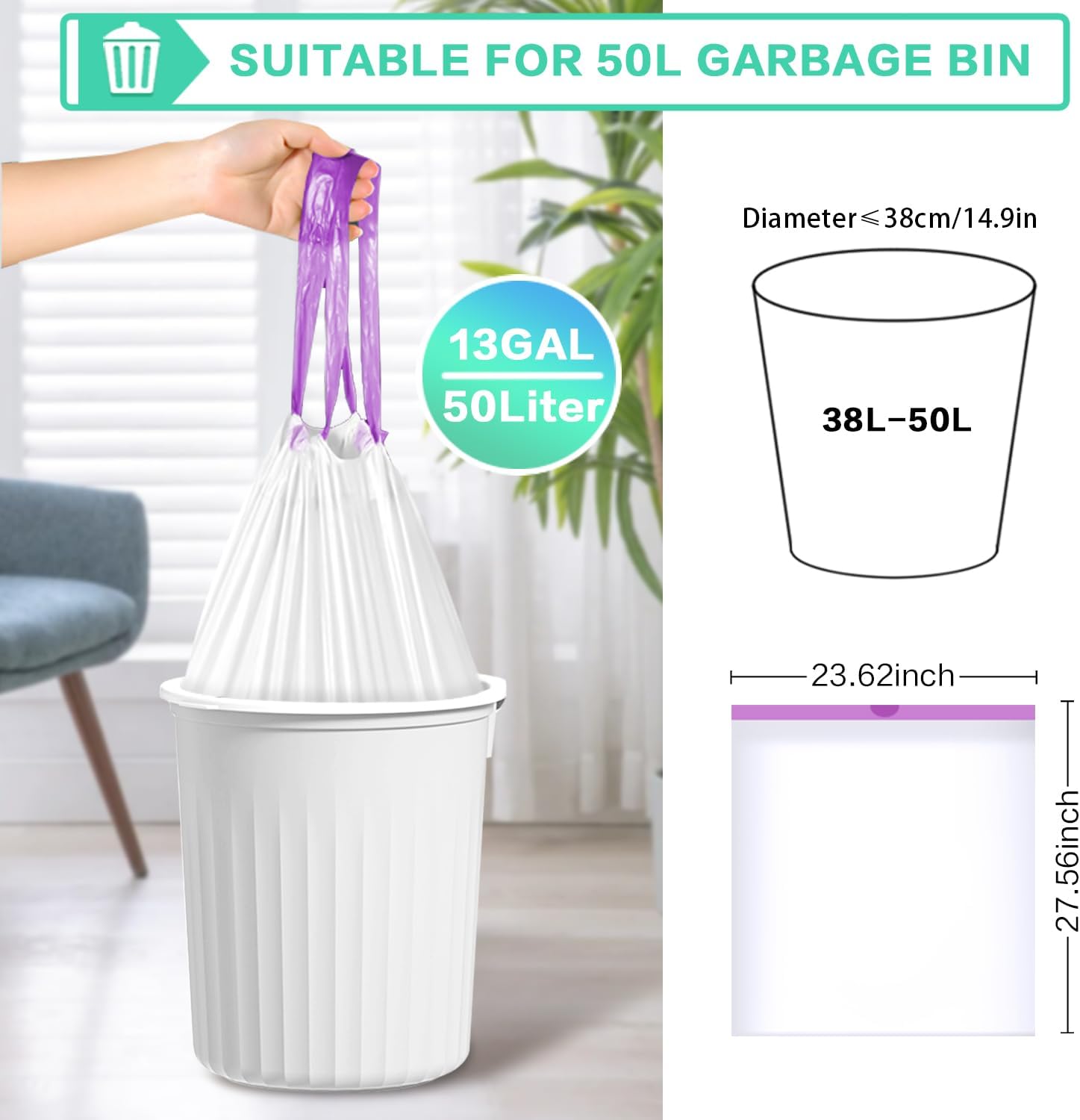 INNKGLE Bin Bags 30-50L Bin Liners White Drawstring Biodegradable Trash Bags with Fresh Scent,No-Tear Feature, Durable & Leak-Proof Waste Bags, 60x70cm, Biodegradable Rubbish Bags for Multi-Scene Use