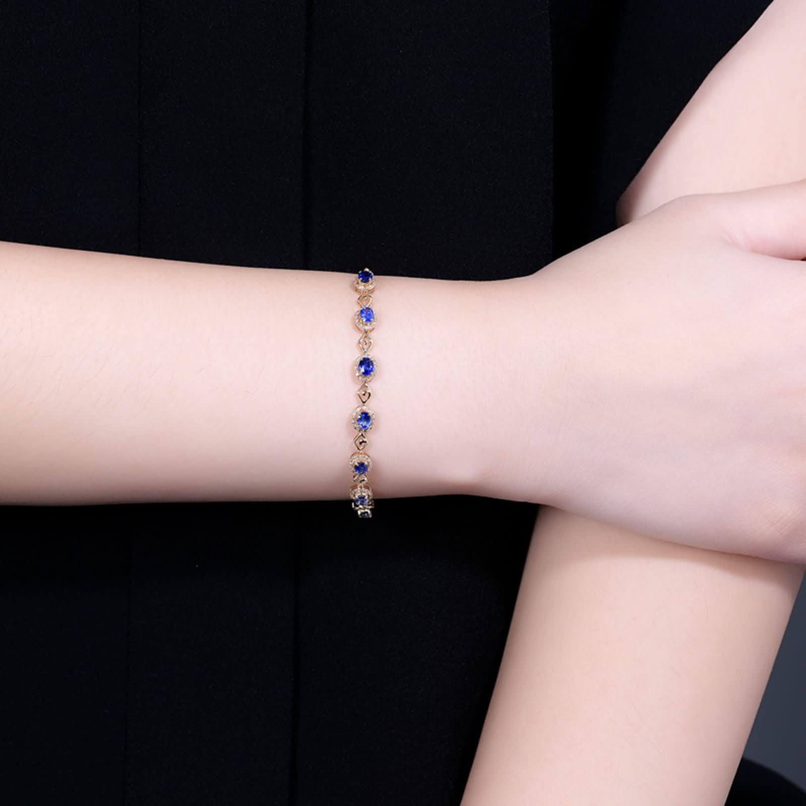 Pulseras Oro Amarillo 9 Kilates / 14 Kilates / 18 Kilates Mujer, Rombo Hueco y Oval con Zafiro Creado de 1,9 ct y Diamante, Cadena Extensible 16 CM + 5 CM, Pulseras de Oro Azul de Mujer