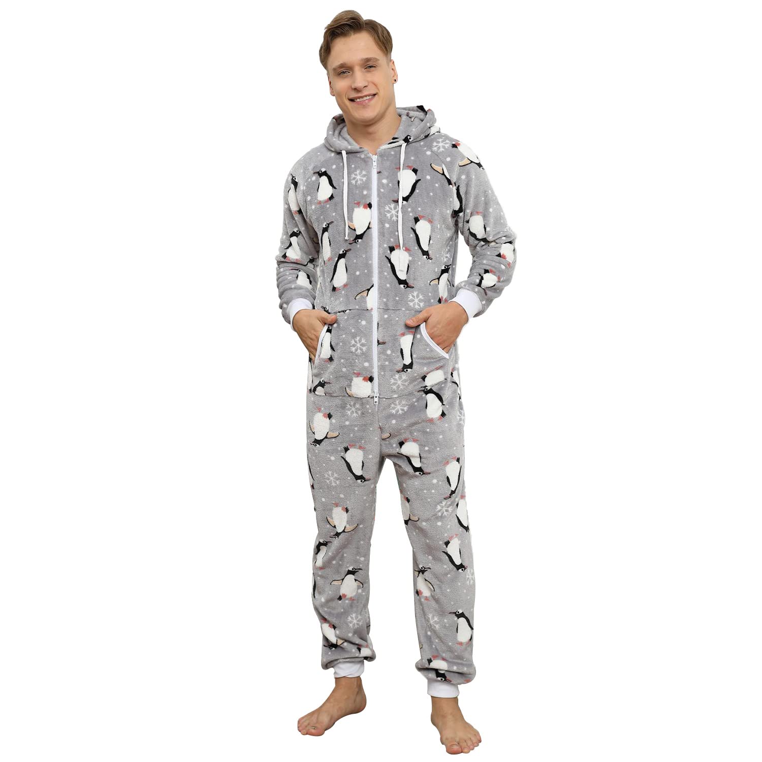 Pijama Navidad Una Pieza Hombre Franela Pijamas Mono Entero con Capucha Manga Larga Invierno Calentito Jumpsuit Adulto Onesie Ropa de Casa Dormir