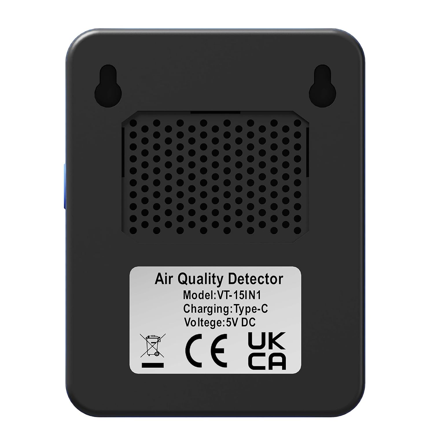 पछाडि view of Weytoll Air Quality Monitor showing model and charging details