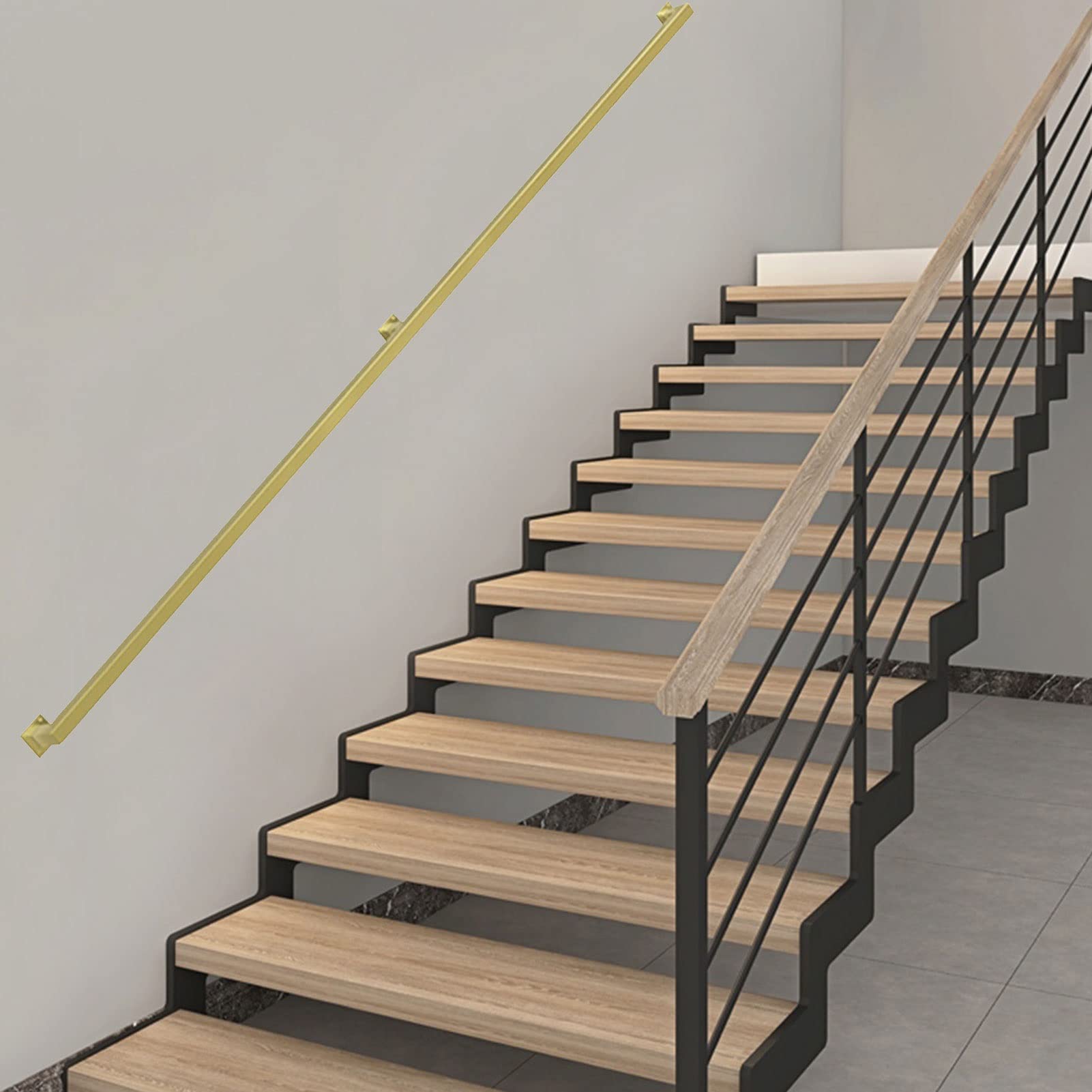 1ft-20ft Wrought Iron Handrail - Complete Kit, Gold Metal Non-Slip Stair Handrail Indoor Elderly Children Villa Loft Safety Banister Hand Grab Rail Corridor Support Rod(13ft/390cm)