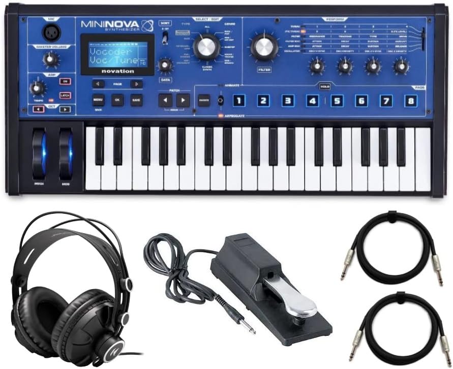 Novation MiniNova Synthesizer Bundle with Headphones, Sustain Pedal and 6-Feet TRS Cable (2-Pack) (5 Items)
