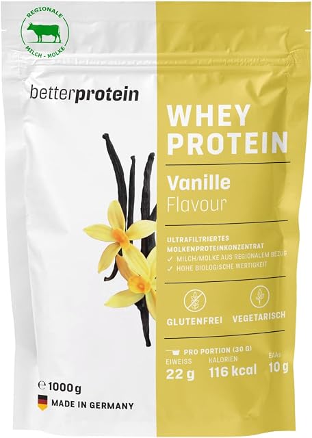 Whey Protein - wanilia 1 kg - wyprodukowana w Niemczech z regionalnego mleka - BetterProtein® - proszek białkowy do budowy mięśni i odchudzania - worek
