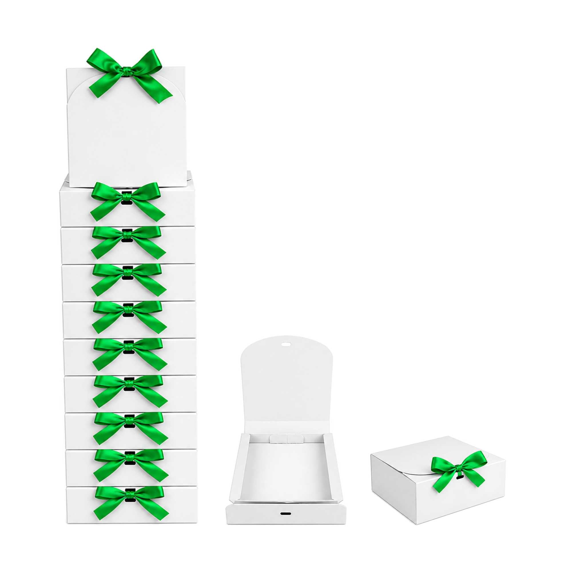 Emartbuy White Kraft Gift Box with Green Ribbon – 16.5 x 16.5 x 5 cm – Fits Jewellery, Soap Bars & Small Candles – Birthdays Weddings Christmas Corporate Gifting Trade Wholesale – Pack of 12