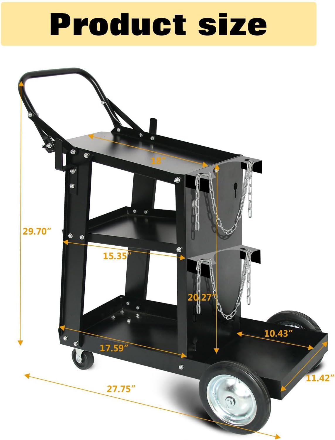 Welding Cart Heavy Duty Welder Cart for MIG/TIG Welder and Plasma Cutter, 3-Tier Welding Cart with Wheels Handles and Gas Tank Holder, Black, 27.7" x 11.4" x 29.7"