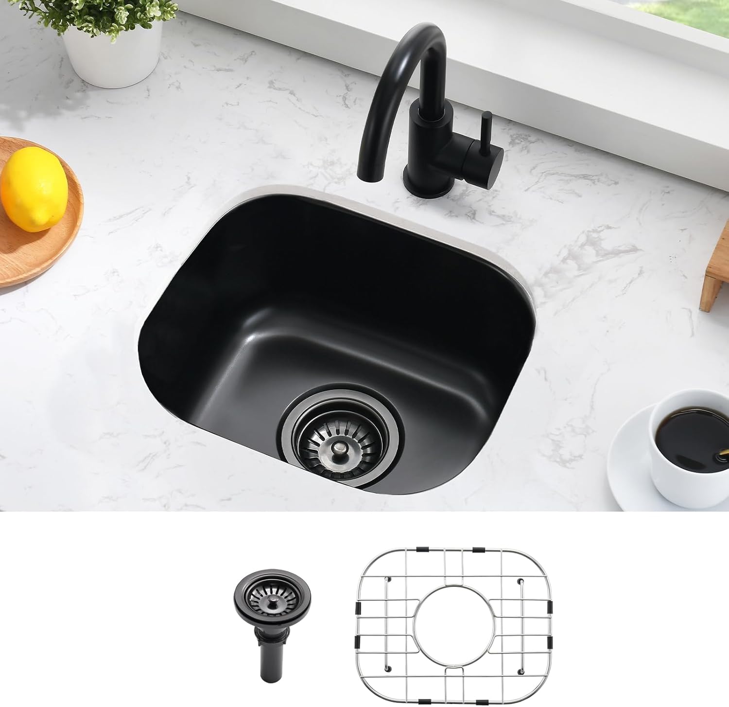 15 Inch Bar Sink Undermount-Bokaiya 15x12 Black Bar Sinks Undermount Wet Bar Sink Stainless Steel 16 Gauge Single Bowl Small Kitchen Sinks with Dish Grid 15x12Inch Black
