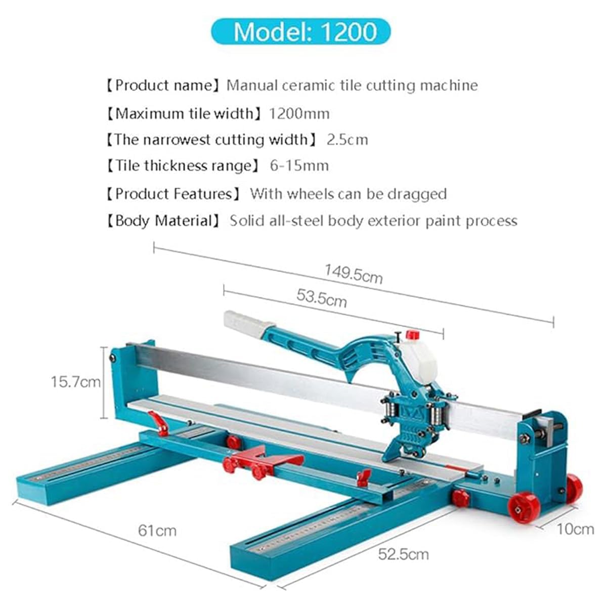 Coupe-carreaux professionnel 1200 mm avec guide laser | Machine manuelle de découpe de carreaux de porcelaine 25-1200 mm | Design pliable avec rouleaux de précision pour un transport facile et des