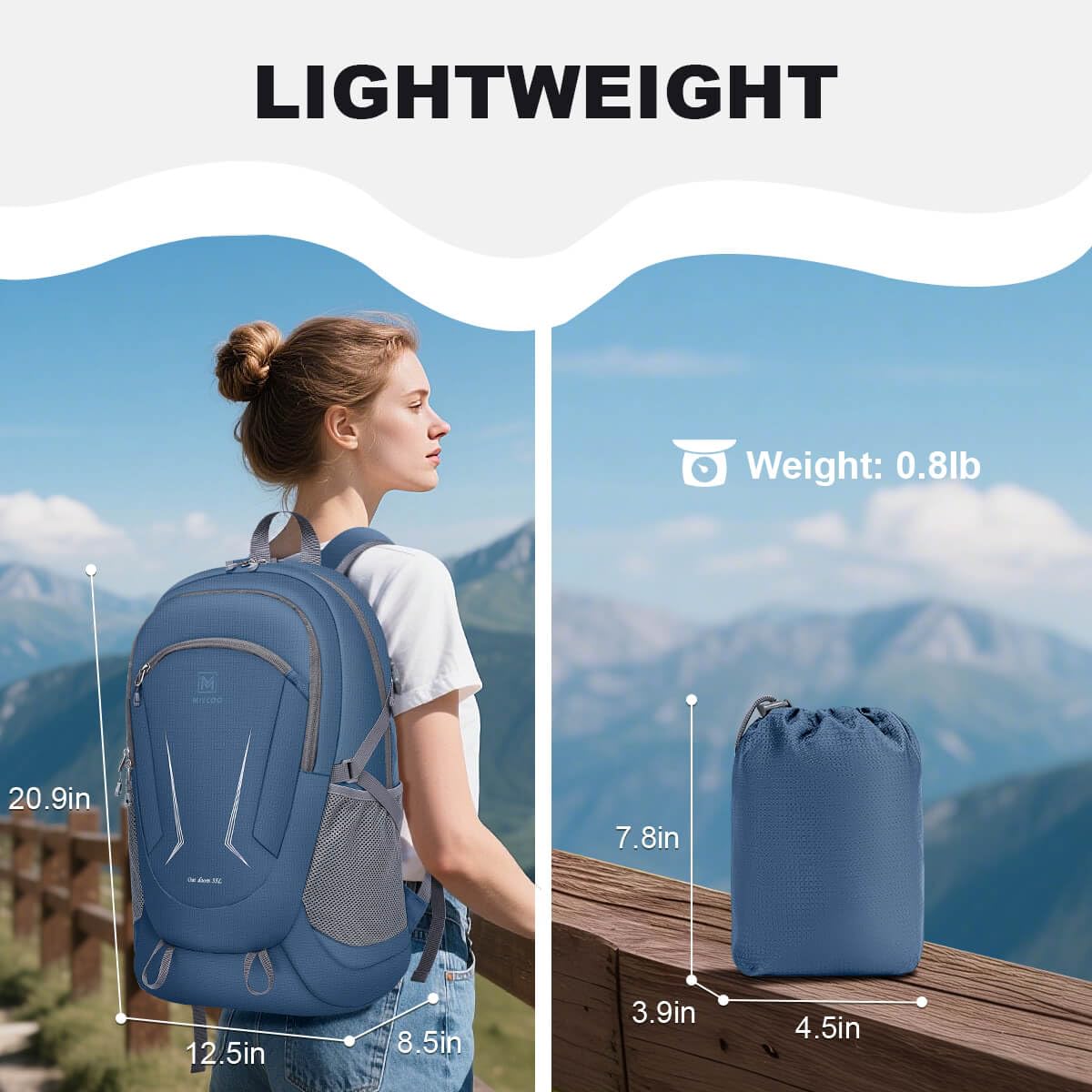 MIYCOO Zaino pieghevole ultra leggero per viaggi e campeggio, zaino da trekking da 45 l, impermeabile, pieghevole, per uomo e donna, blu, Blu, 45L, Zaino leggero e ripiegabile