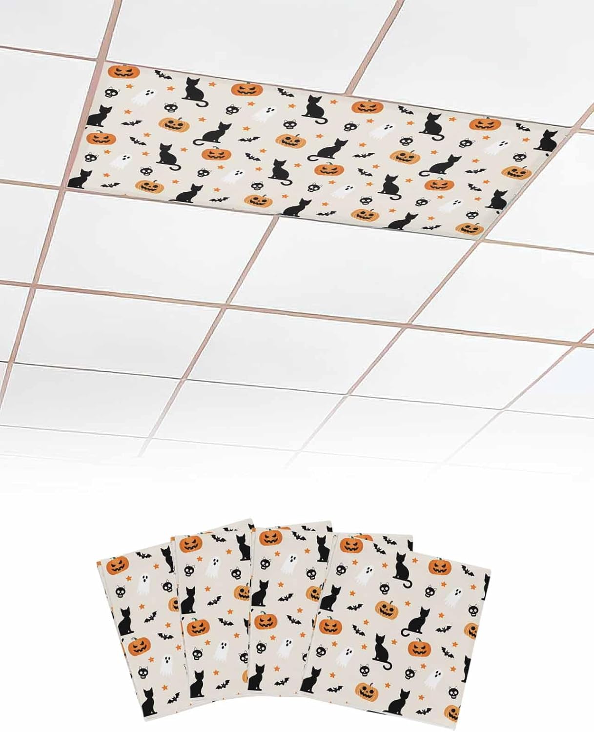Halloween Ghost Fluorescent Light Covers for Ceiling Lights 4x2 feet,4 Pack Magnetic Light Filters for Classroom,Beige Orange Pumpkin Cat Stars Bat Fluorescent Lamp Shade Panel for Office School Drop