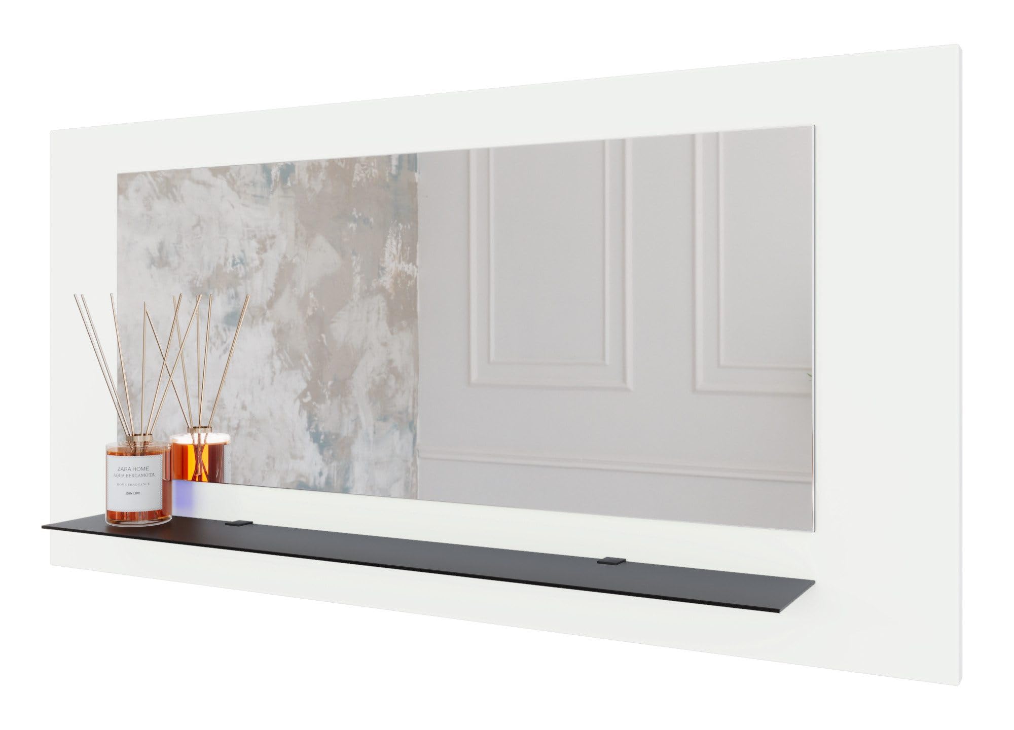 Anina Spiegel auf dekorativen Holzplatte 90x60 cm Weiß, Wandspiegel im modernen Stil mit elegantem Rahmen und Befestigung