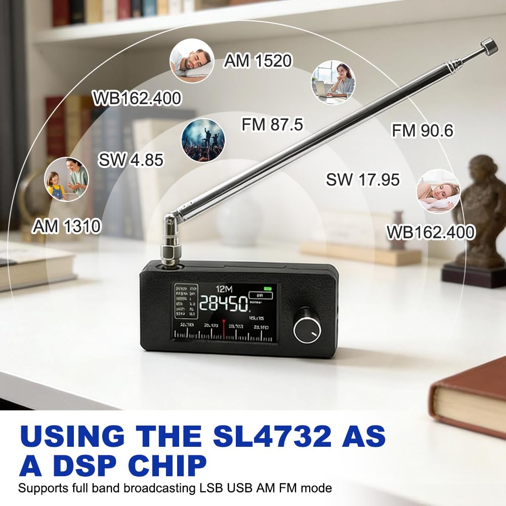 Mini Radio Si4732, 0.5-108MHz Full Band Portable Pocket Radio with ESP32-S3, 1.9 inch IPS Screen, 800mAh Battery for 10H Use, Telescopic Antenna, 3D PETG Shell for AM/FM/LSB/USB Reception