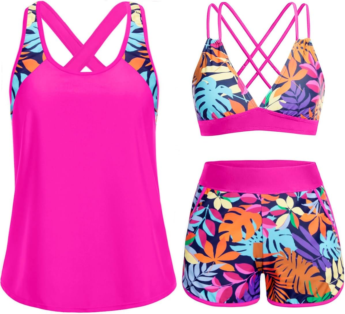 Daci Women 3 Piece Tankini Swimsuits - Tummy Control Tank Top with Bra Modest Bathing Suit with Pockets Boyshorts Bottom 2026