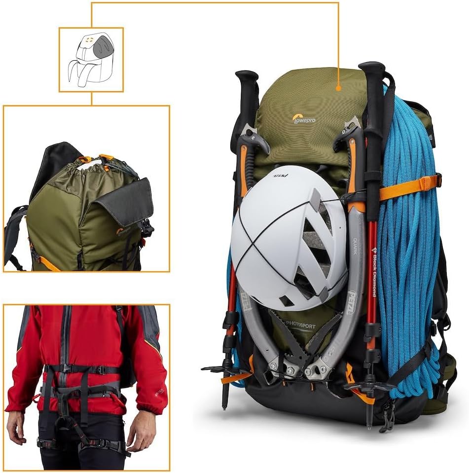 Lowepro PhotoSport X Backpack 35L AW with Recycled Fabrics, Camera Backpack for Reflex and Mirrorless, Rear Access, Mountaneering Dedicated Features, Size M/L, Dark Grey/Green