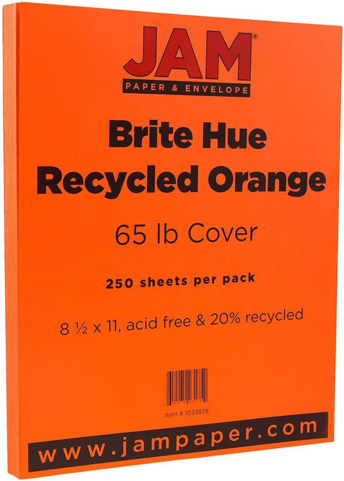 JAM PAPER Colored 65lb Cardstock - 8.5 x 11 Coverstock - 176 gsm - Orange Recycled - 250 Sheets/Ream