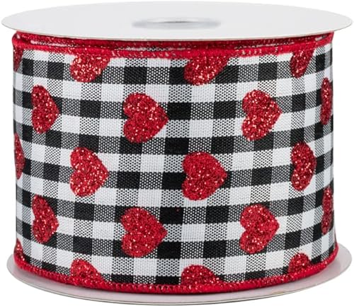 Cinta de corazones con purpurina a cuadros, 2 12 pulgadas x 10 yardas, cuadros blancos y negros, decoración del día de San Valentín, corazón rojo
