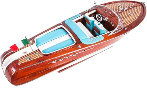 Riva Aquarama - Modelo de barco de 27.5 pulgadas (asientos de cuero azulblanco) - Modelo de decoración de barco de juguete de madera ensamblada,