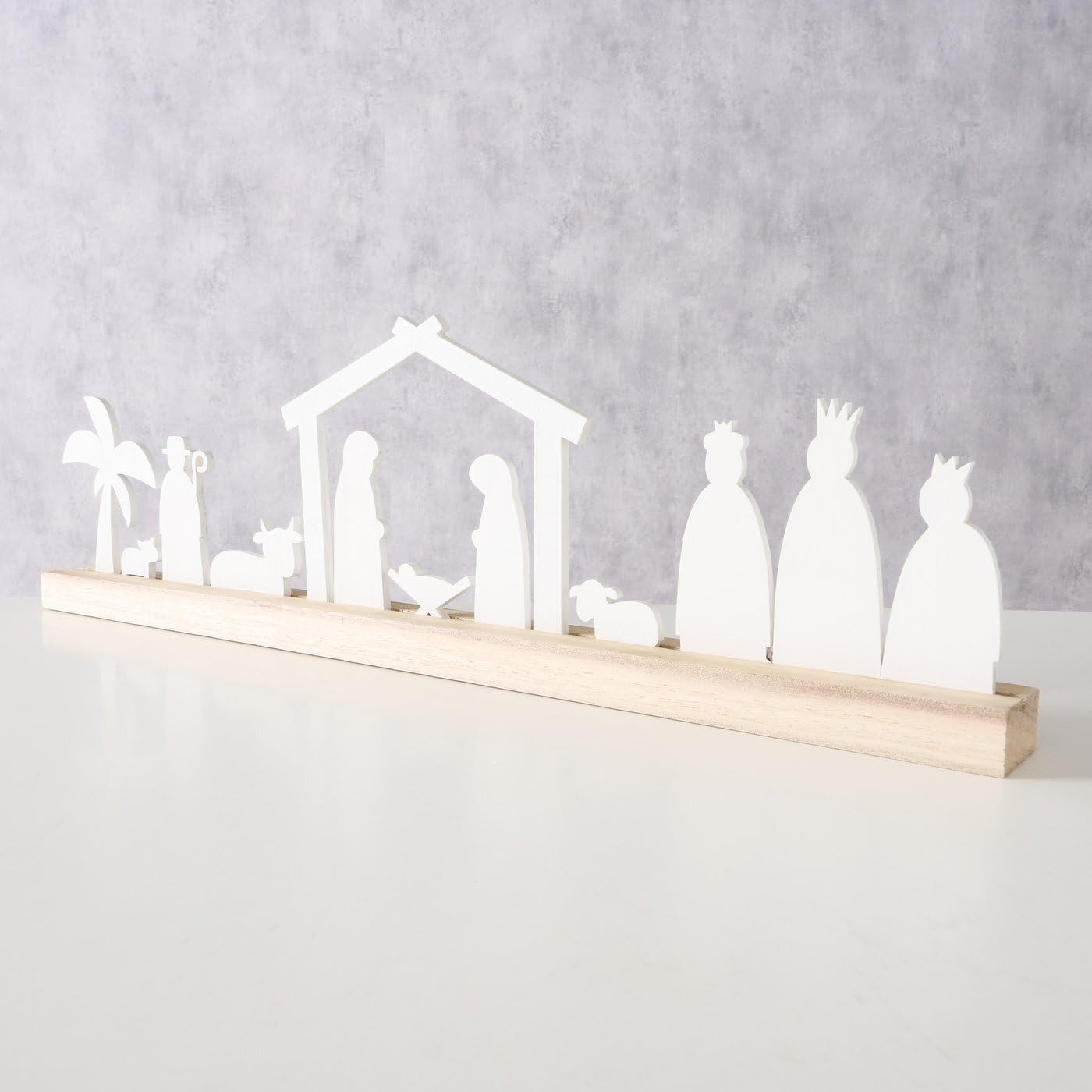 ReWu Krippe Weihnachts-Krippe Silos Krippenfiguren Holzschiene Weihnachten Christmas Wohndekoration Natur Weiß 50x4x14cm