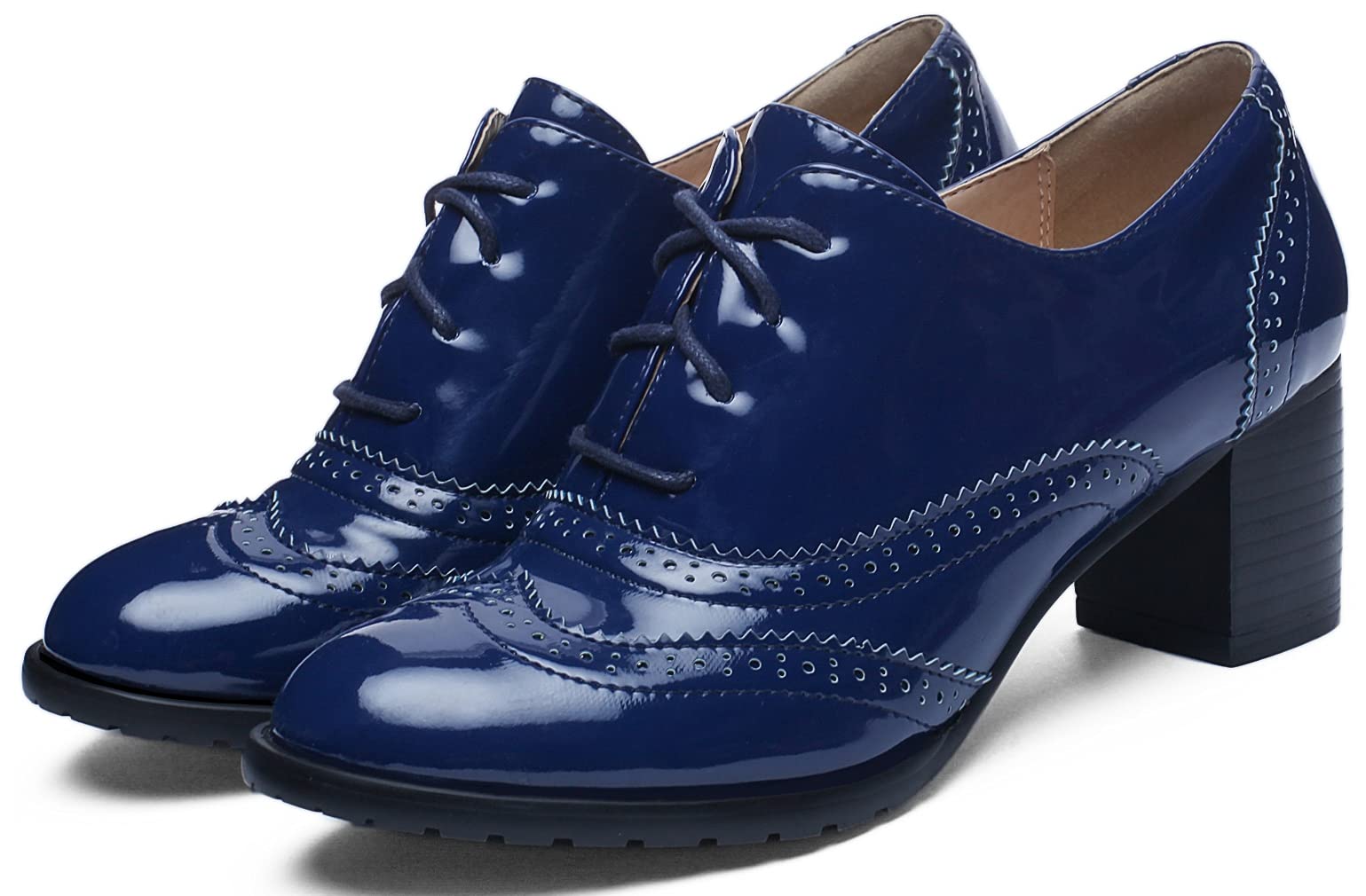 KOKOMOMO Womens Wingtip Heels Patent Leather Chunky Oxfords Vintage Lace Up Brogue Shoes