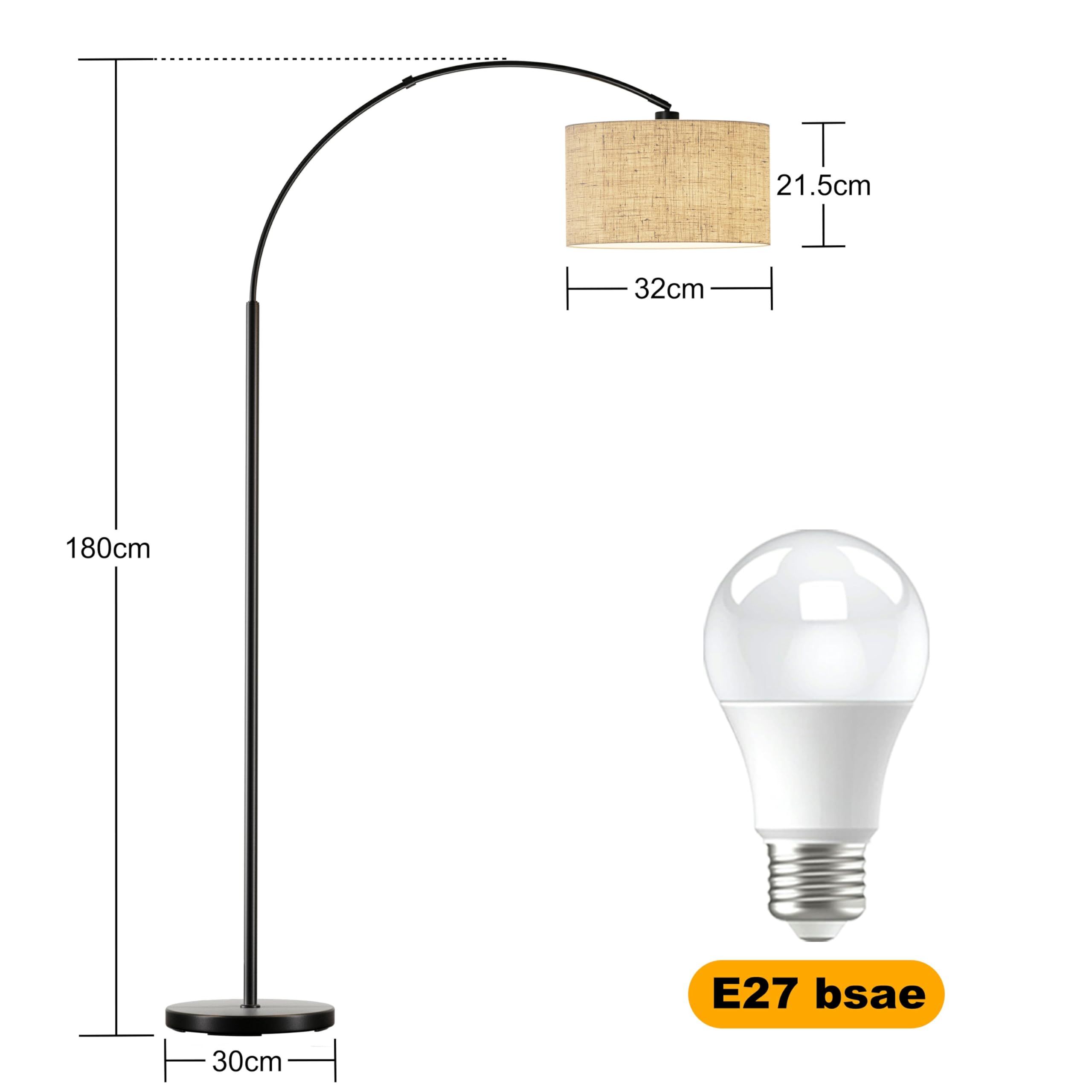 Moderne Bogen-Stehlampe für Wohnzimmer, 3-stufige Farbtemperatur (3000K/4500K/6000K) per Fußschalter, 180 cm höhenverstellbare Bogen-Leselampe mit E27 LED-Lampe für Schlafzimmer, Büro, Beige