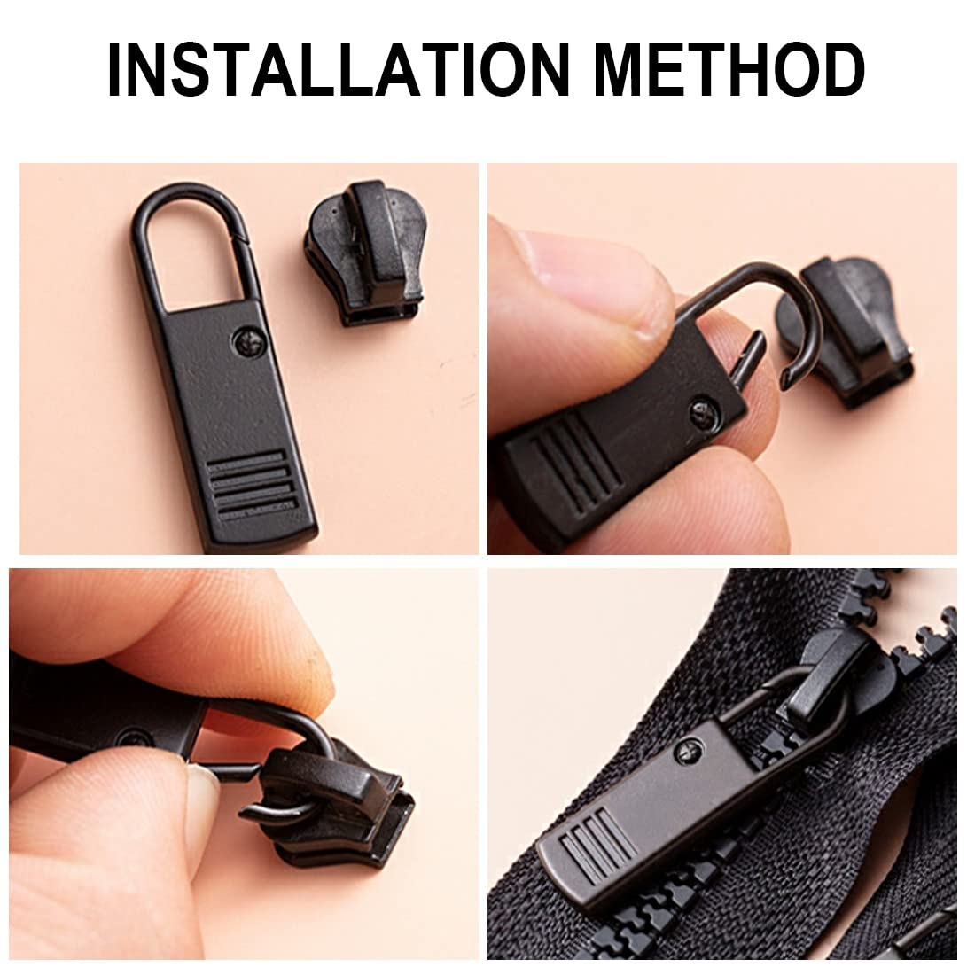 4 Pezzi Tiralampo, tiralampo e gancio per zip di ricambio.Pezzo per la Riparazione delle cerniere di ricambio per giacche, Valigie, zaini, jeans, Accessori per il cucito (nero