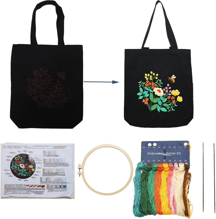 VWV-Whizzing Embroidery Canvas Tote Bag DIY Kit for Beginners, Complete with Pattern, Hoops, Color Threads, Tools & Detailed Instructions for Adults (15X16.5(in) Blue)