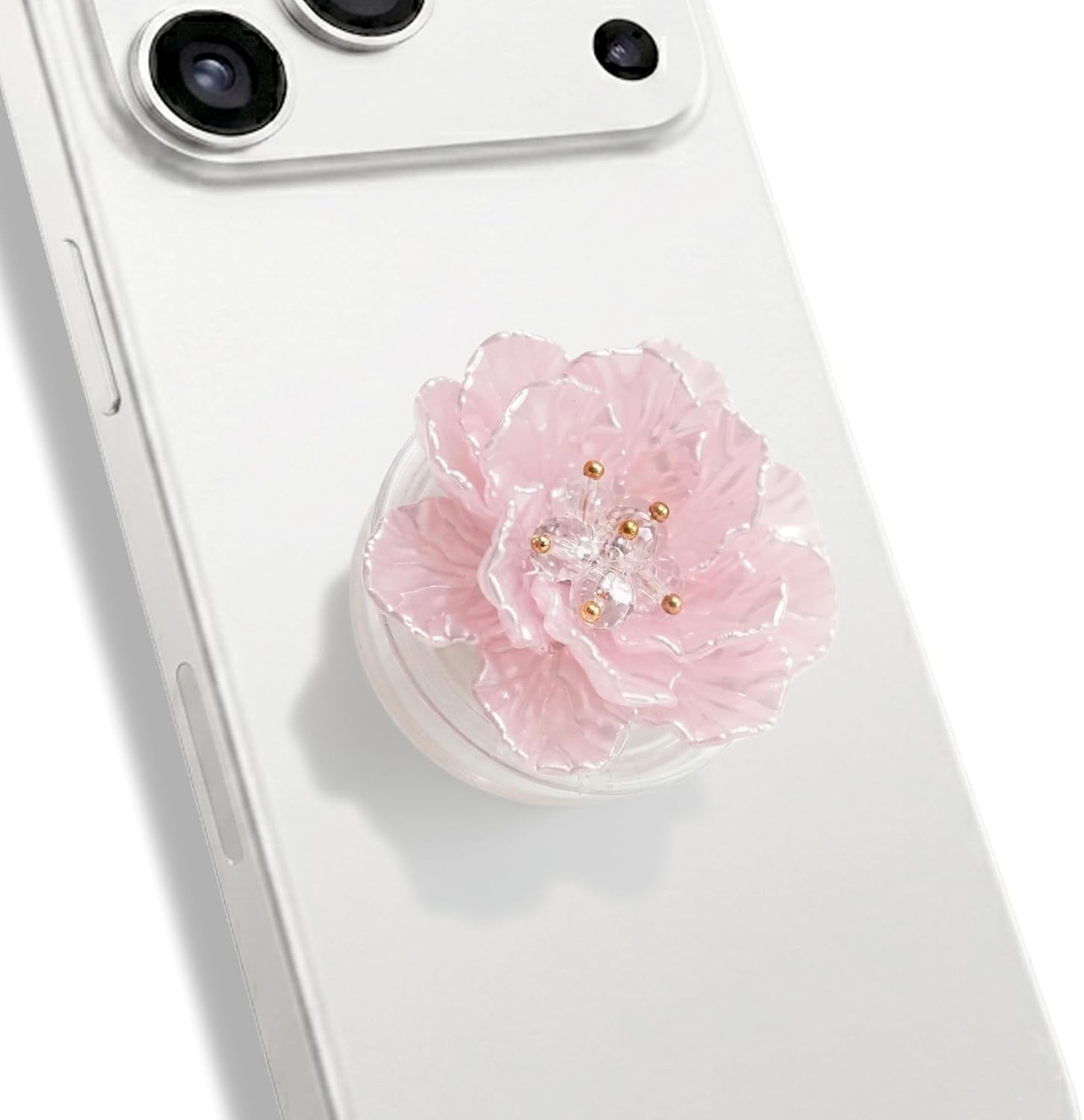 On The Grip 3D Lotus Flower Phone Grip - Collapsible Smartphone Stand & Kickstand, Pearl White & Lavender Crystal Topper (Pink)