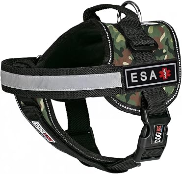 Dogline Unimax Emotional Support Dog Harness Vest with 3D Rubber ESA Patches Adjustable Straps Comfy Breathable Neoprene for Medical Service Identification & Training Dogs Girth 15" to 19" Green Camo