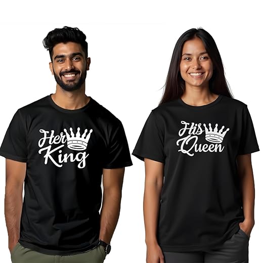 Couple T-Shirts - His Queen & Her King | Matching Black Cotton Tees | Perfect for Couples | Gift Idea | Casual Wear