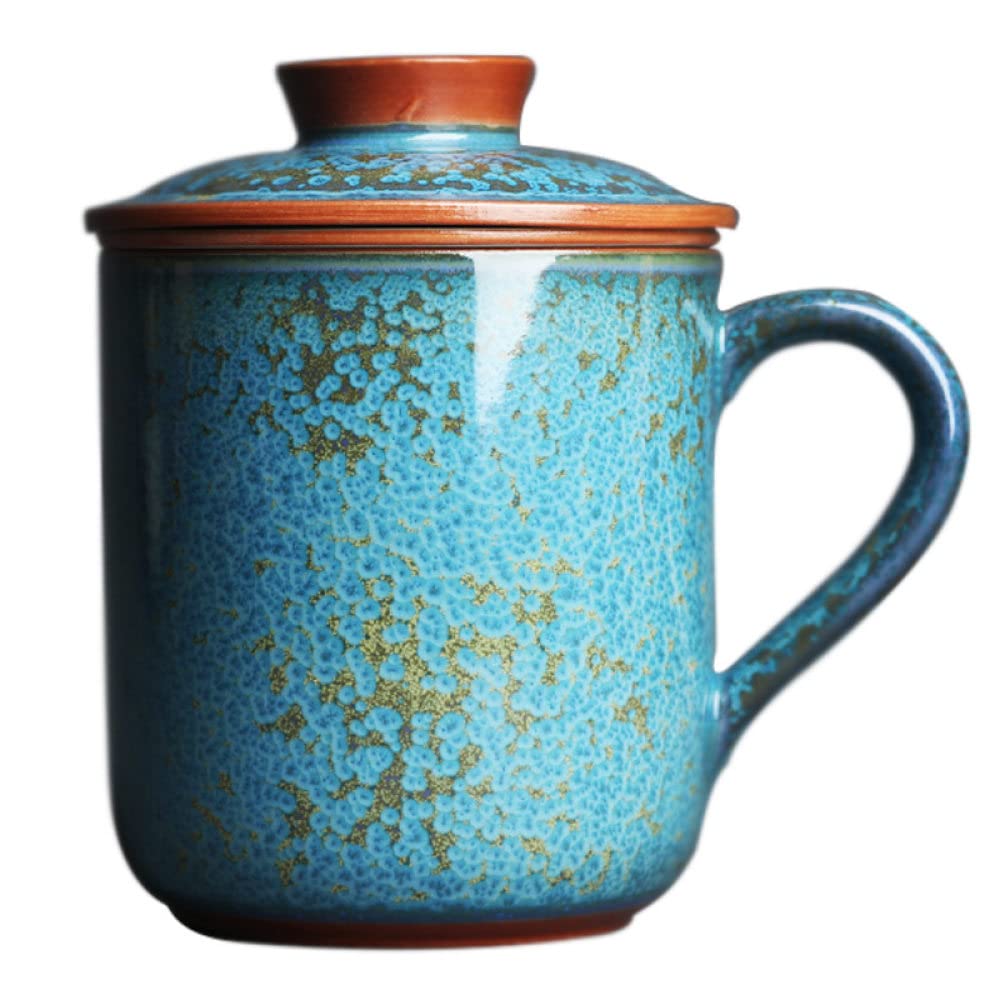 Tasse à Thé en Céramique avec Infuseur, Couvercle et Poignée - Porcelaine Émaillée Bleu Jade Faite à la Main en Chine