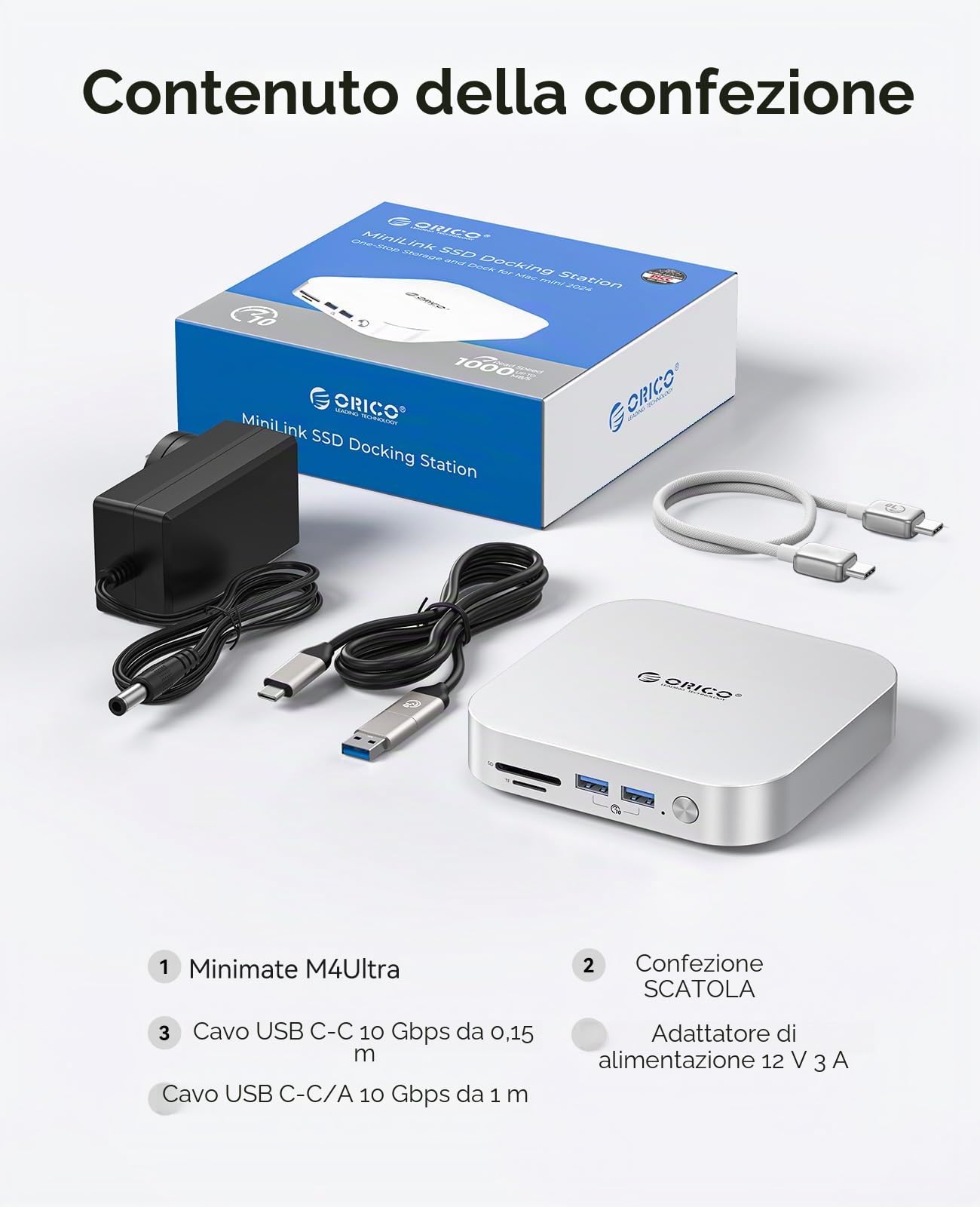 ORICO MiniMate 2TB Compatibilità SSD esterno con Mac Mini M4, 1TB per 40Gbps (3200MB/s) di elaborazione dati, 1TB per 1000MB/s di archiviazione di backup, USB 3.0 (10Gbps) * 3, TF & SD 4.0, M4Ultra