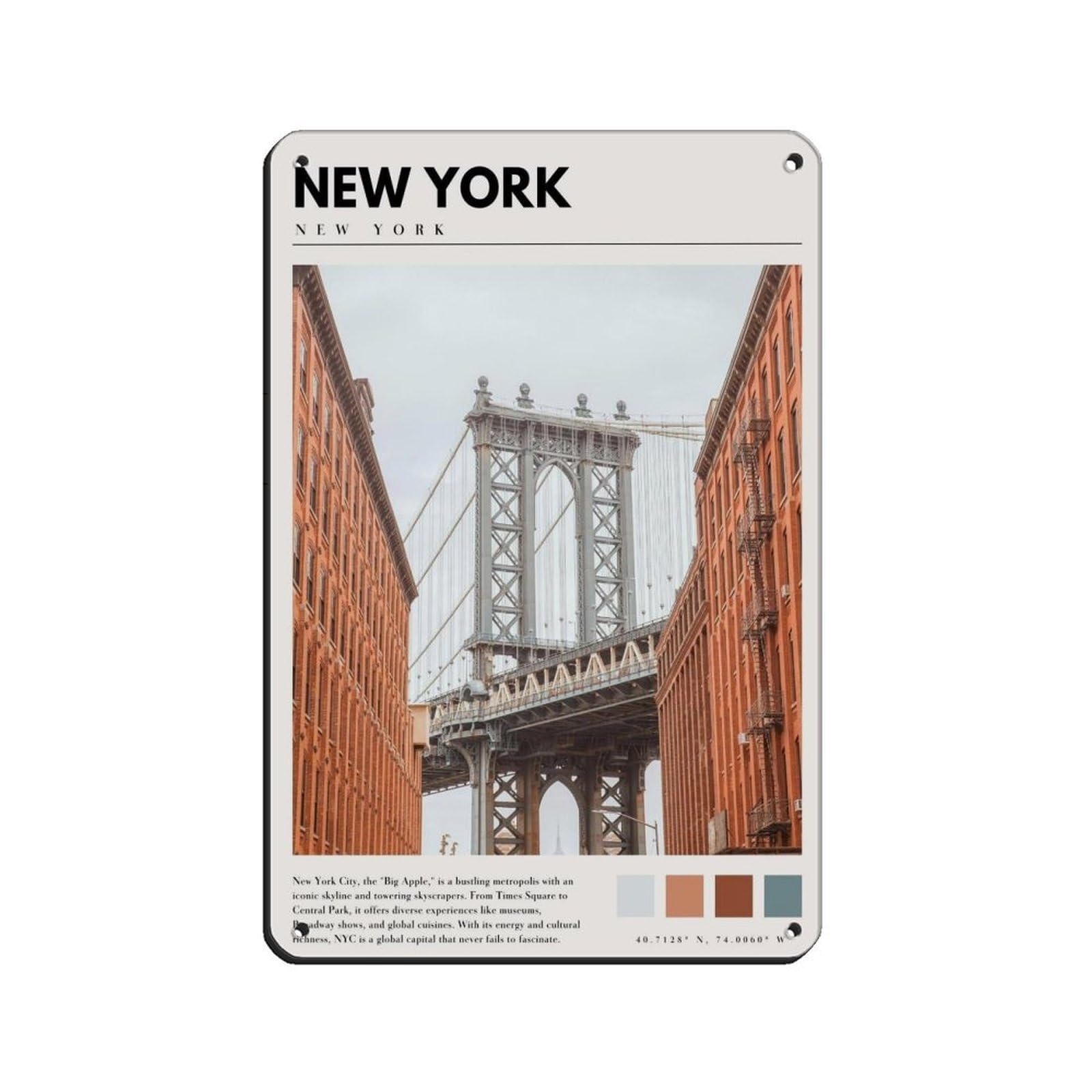 New York Poster Manhattan Bridge Art Retro Poster Metal Tin Sign Chic Art Retro Iron Painting Bar People Cave Cafe Family Garage Poster Wall Decoration 8x12inch(20x30cm)