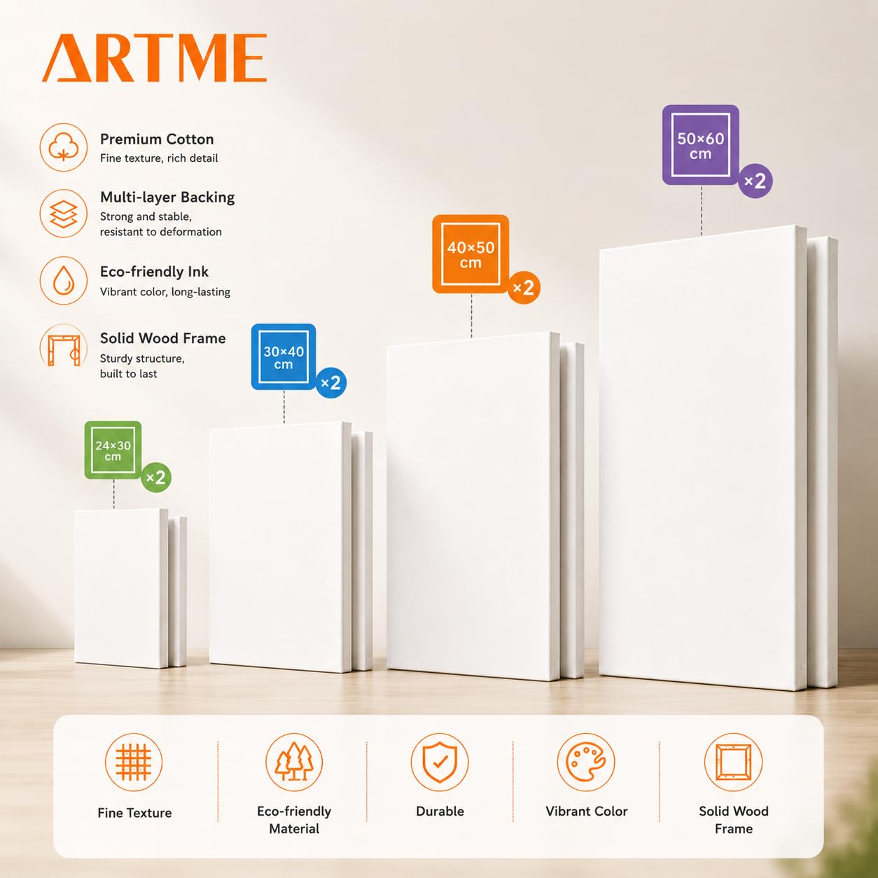 Artme Tela intelaiate 8 pezzi 280GSM 100% cotone bianco grana media per acrilico/olio