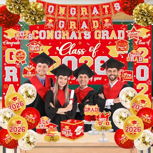 Image of Graduation Decorations Class of 2026 Red and Gold Graduation Decorations with Congrats Grad Banner,Backdrop,Porch Sign,Balloons,Hanging Swirls,Honeycomb Centerpieces,Box for Graduation Party Supplies