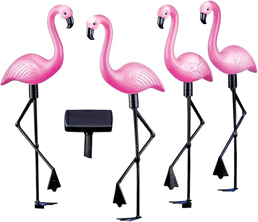Collections Etc Tropical Pink Flamingos Solar Yard Garden Stakes Outdoor Decoration, Set of 4