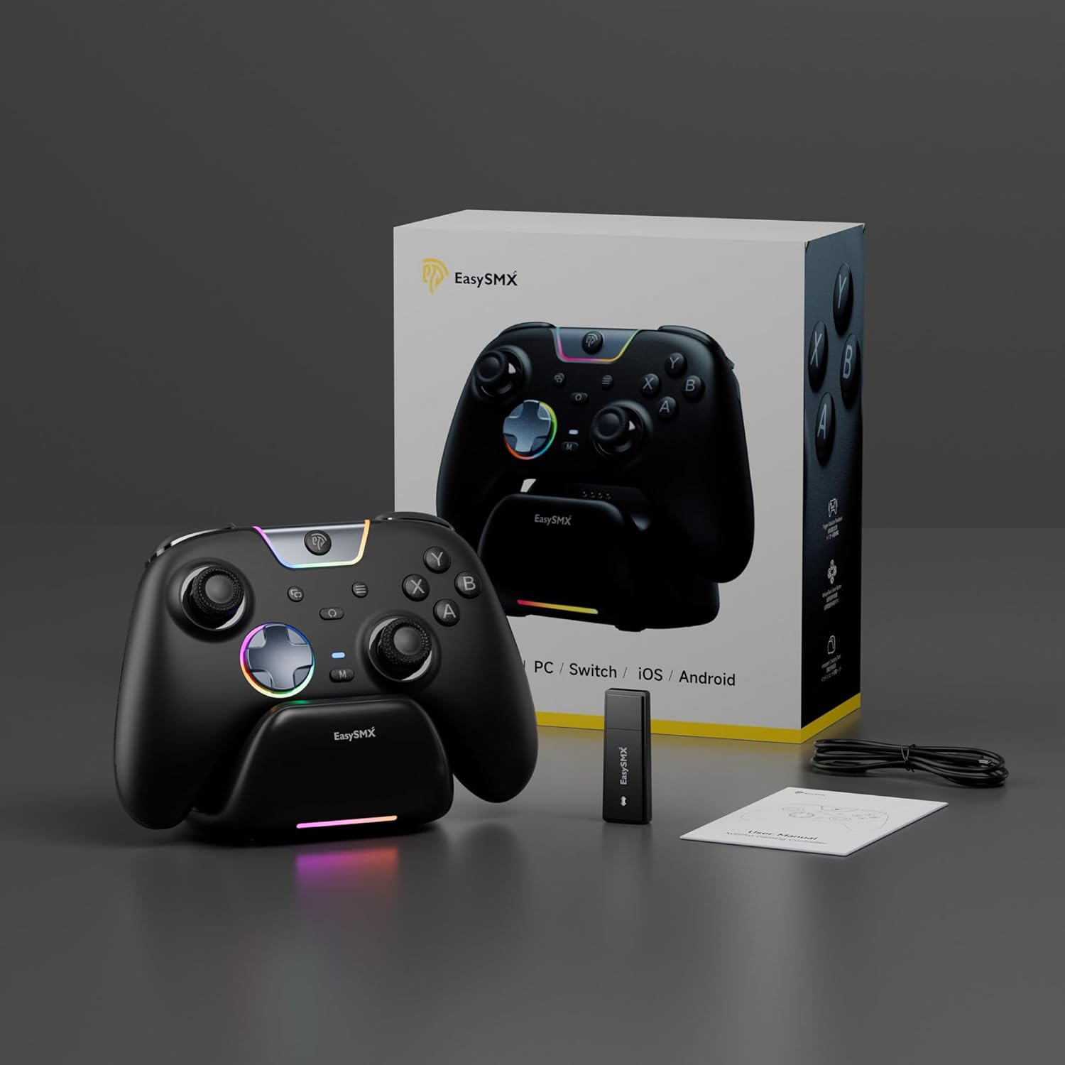 EasySMX X05Pro Wireless PC Gaming Controller with Smart Charging Dock – Full Quiet Buttons, Dual-Stage Linear Triggers, 8-Way D-Pad, Programmable Buttons, Hall Effect Joysticks, 1000mAh Long Battery Life, 1000Hz Polling Rate, Compatible with PC/Switch/Android/iOS, Black.