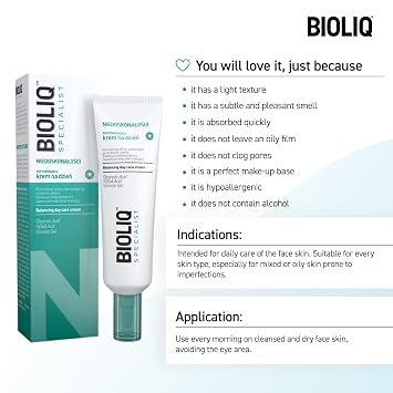 Bioliq - Specialist Balancing Day Care Cream - with Oleanolic Acid, Gluconolactone, Salicylic Acid, and UV Protection - Mattifying Effect - 30ml