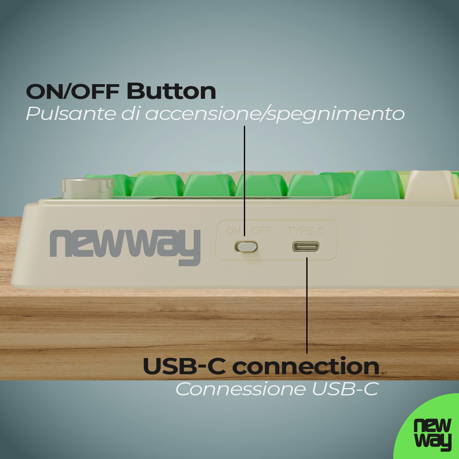 NEWWAY NK251 Teclado inalámbrico recargable - Diseño italiano QWERTY - Triple modos WiFi 2,4 GHz, BT/USB-C - Pantalla digital - Rueda multifunción - Retroiluminación RGB - Receptor en la parte