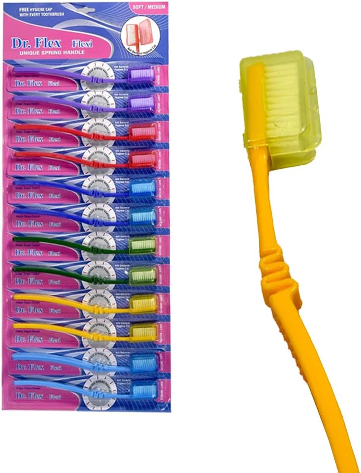 Dr. Flex - Flexi Toothbrush (Pack of 12) with Free Anti-Bacterial Hygiene Cap, DuPont filaments, holder, cap, toothbrush with cap, tooth brush with cap, travel brush, travel toothbrush,
