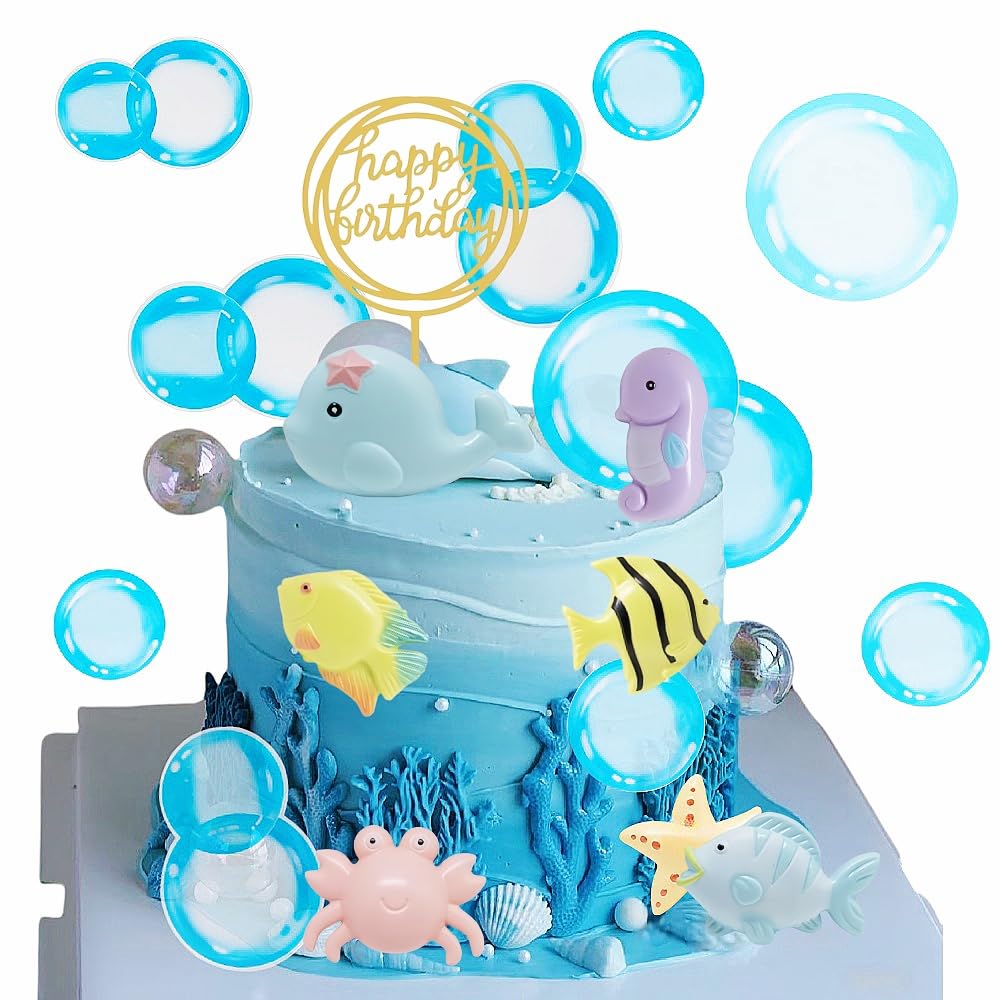 Transparent Bubble Cupcake Toppers Under The Sea Party Cake Decorations Mermaid Bubble Cupcake Toppers Ocean Cake Decoration(blue)