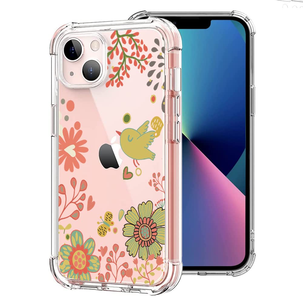iPhone 13 Case 6.1 Inch, Anti-Scratch Soft TPU Bumper Thin Slim Fit Shockproof Protective Phone Cover for Women Girls (Flower Blooms Bird/Pink)
