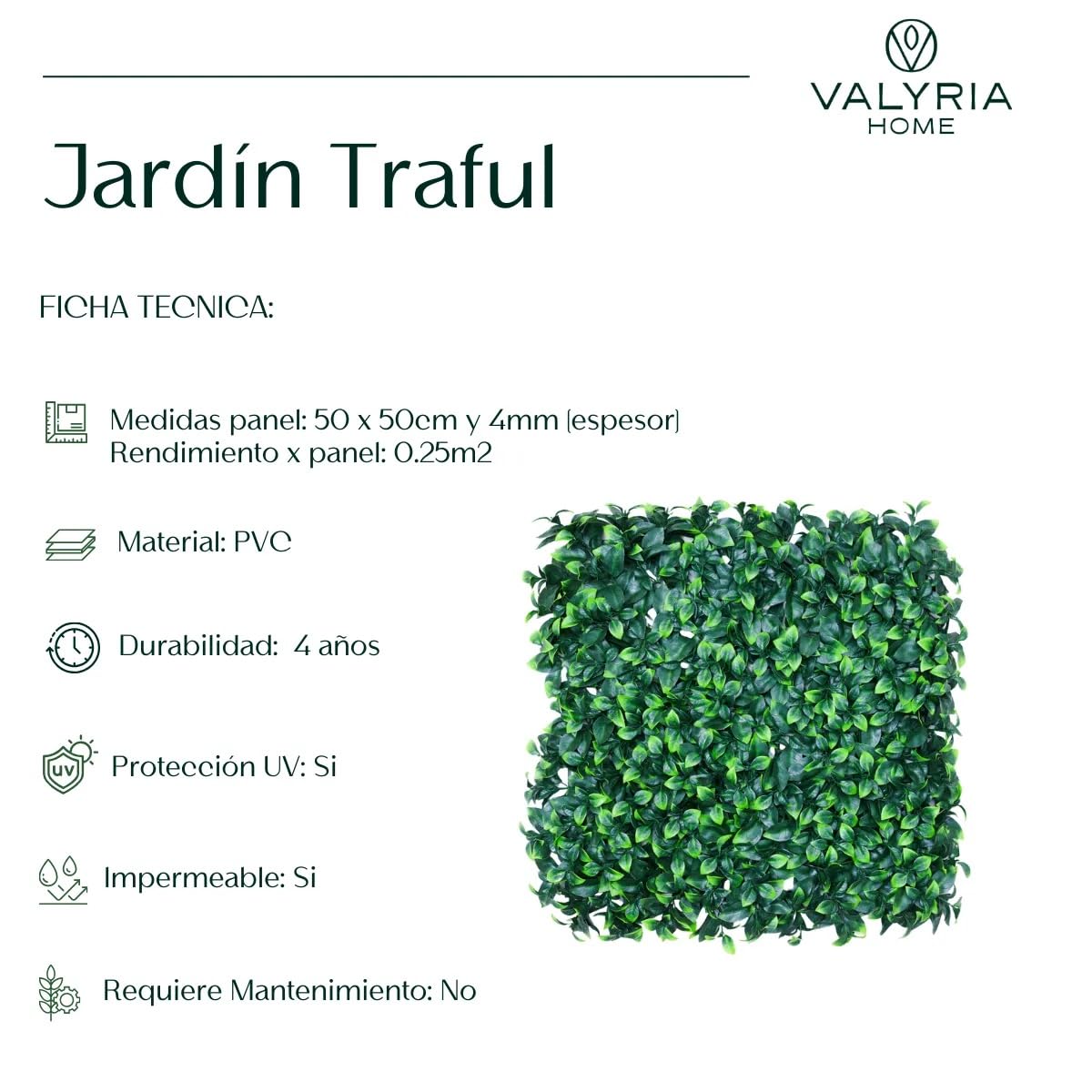 Jardín Vertical Artificial Interior y Exterior| Planta Artificial Pared | Pack 4 Paneles 50x50 cm (1m²) | Decoración Diseño Moderno | Proteccion UV | Traful | Muro Vegetal Artificial