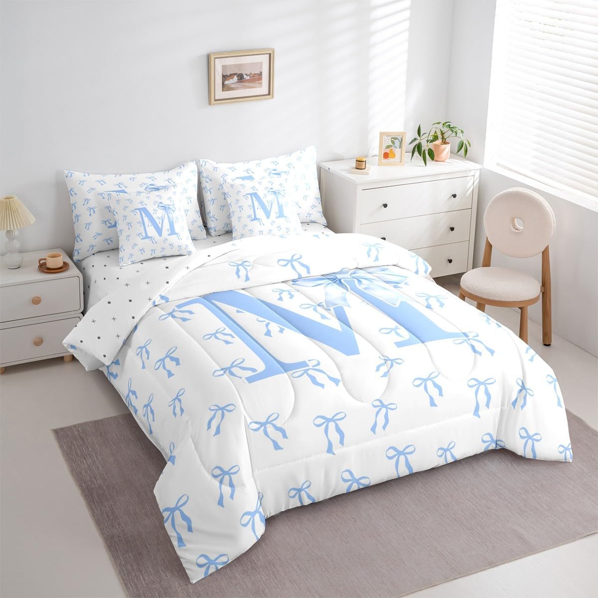 Erosebridal Kawaii Blue Bow Queen Comforter Set with Sheets 7 Piece Girly Princess Ribbon Bed in A Bag Romantic Initial M Letter Bedding Sets for Kids Girls Women Fantasy Monogram Bow Tie Bed Set