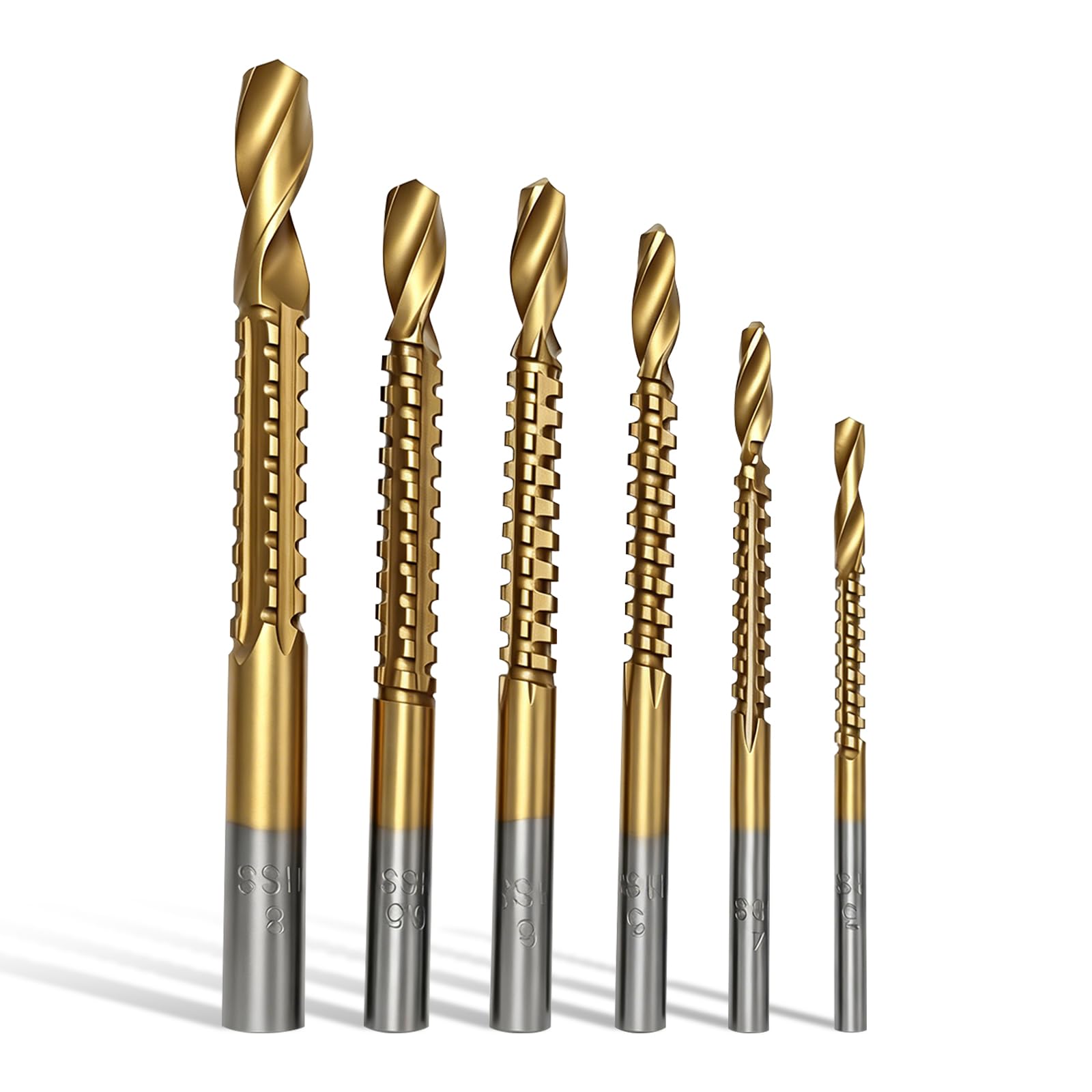 6 Pack Titanium Drill Bit Set, HSS Twist Drill Bits 3/4/5/6/6.5/8mm