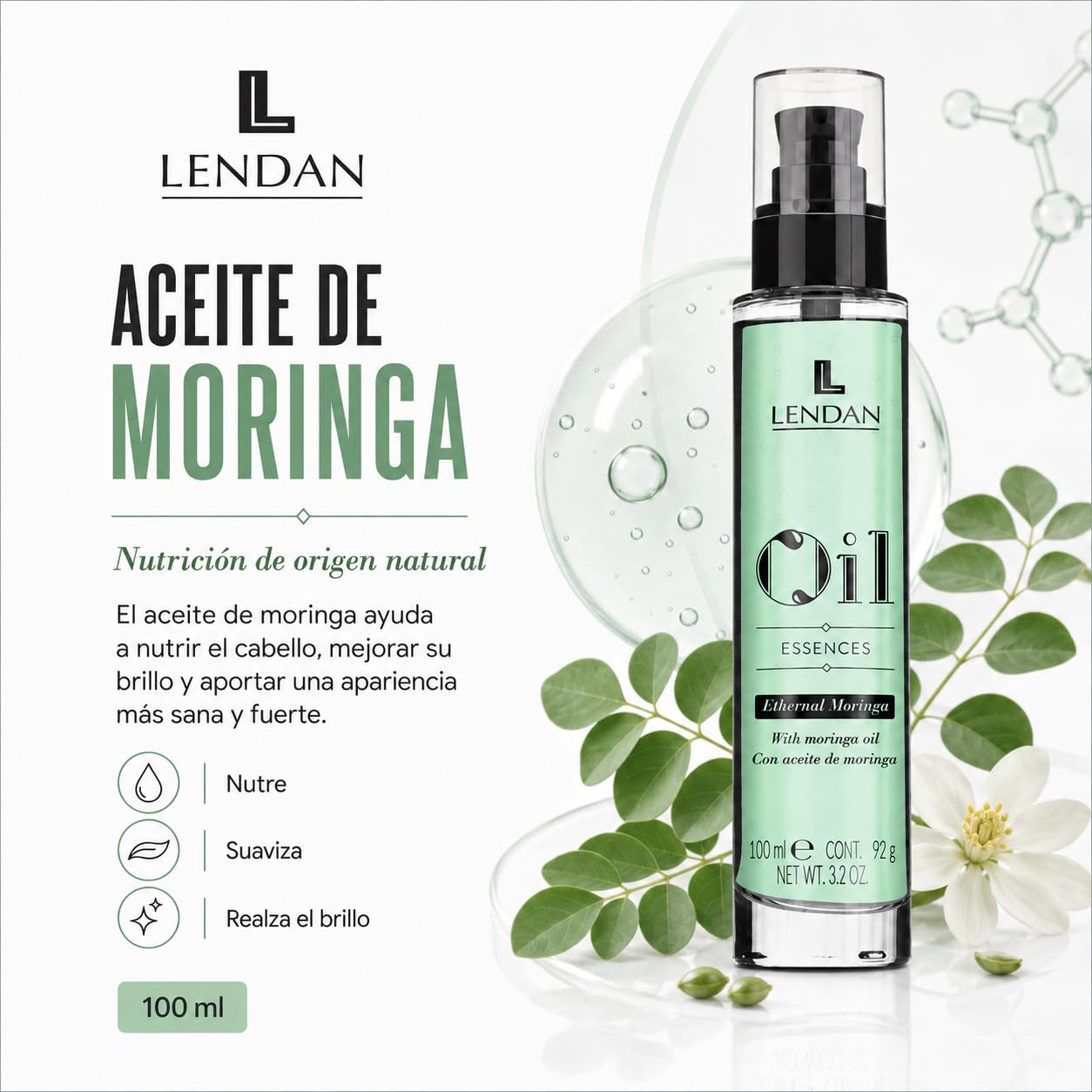 Aceite Capilar con Aceite de Moringa - 100 ml - Sérum para el Cabello - Rejuvenecedor Capilar - Hidrata, Nutre y Aporta Fuerza al Cabello