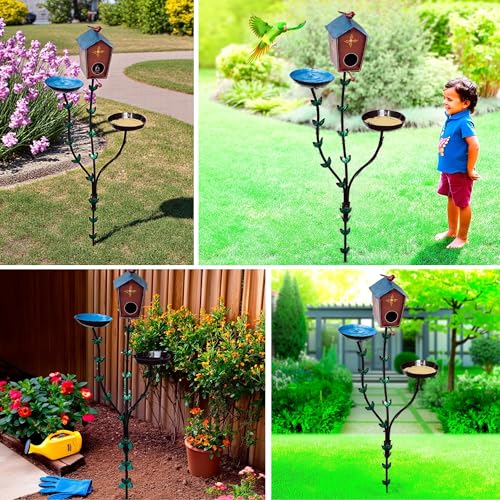 Image of 5ft Tall Large Iron Bird Feeder Stand with Bird Nest & Water Bowl, Decorative Outdoor Garden Lawn Bird House Feeding Station for Sparrows