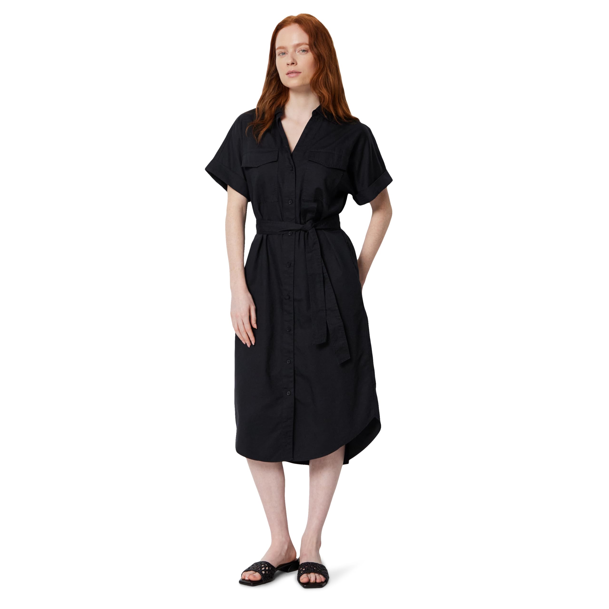 Amazon Essentials Women's Relaxed-Fit Short Sleeve Button-Down Dress with Belt, Black, Large