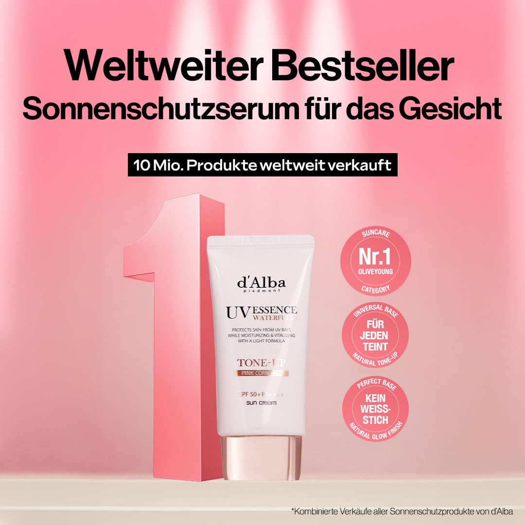 d'Alba | Italienischer weißer Trüffel Waterfull Tone-up Sunscreen 50ml, SPF/LSF 50+PA++++, Reiner und Veganer Hybrider Rosafarbener Feuchtigkeitscreme, Leuchtender und Aufhellender Sonnenschutz