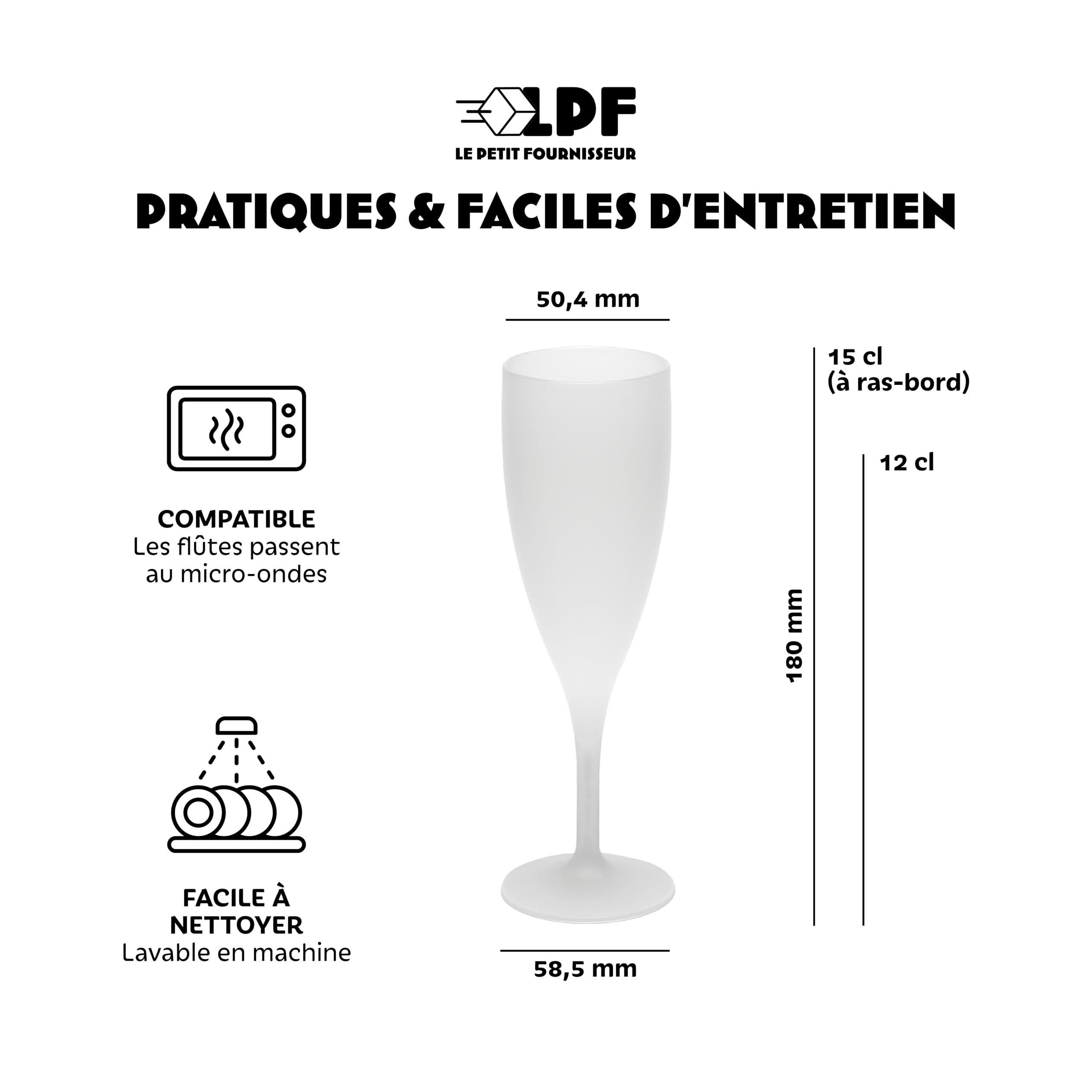 LPF LE PETIT FOURNISSEUR - Lot de 50 Flûtes à champagne réutilisables 12cl (15cl max) - Polypropylène plastique alimentaire - Verre à champagne durable - Compatible lave-vaisselle - Couleur givrée