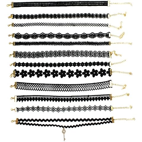 Syleia Set of 12 Black Lace Embroidery Style Ribbon Choker Necklaces With Unique Flower And Geometric Designs, Adjustable, Comfort Fit Cover